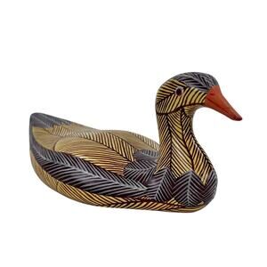 Hand-Carved Painted Wood Duck Figurine Folk Art Feather Detail Yellow and Blue